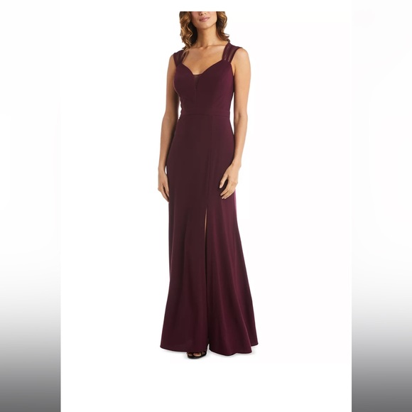 Maroon Mesh-back Sleeveless Full-Length Formal Gown Dress with slit by nightway - Picture 2 of 9